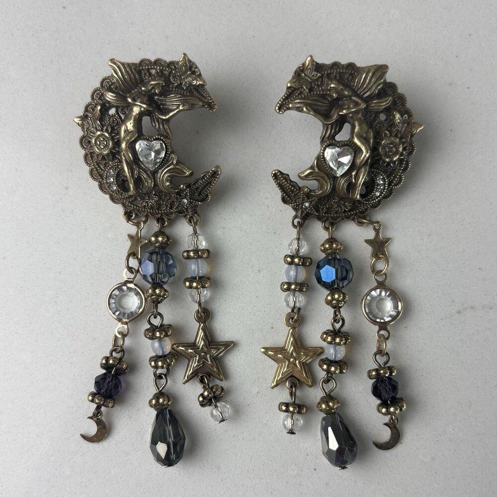 Vtg Kirks Folly Fairy Dangle Earrings Celestial Heart Crescent Moon Star Whimsy
